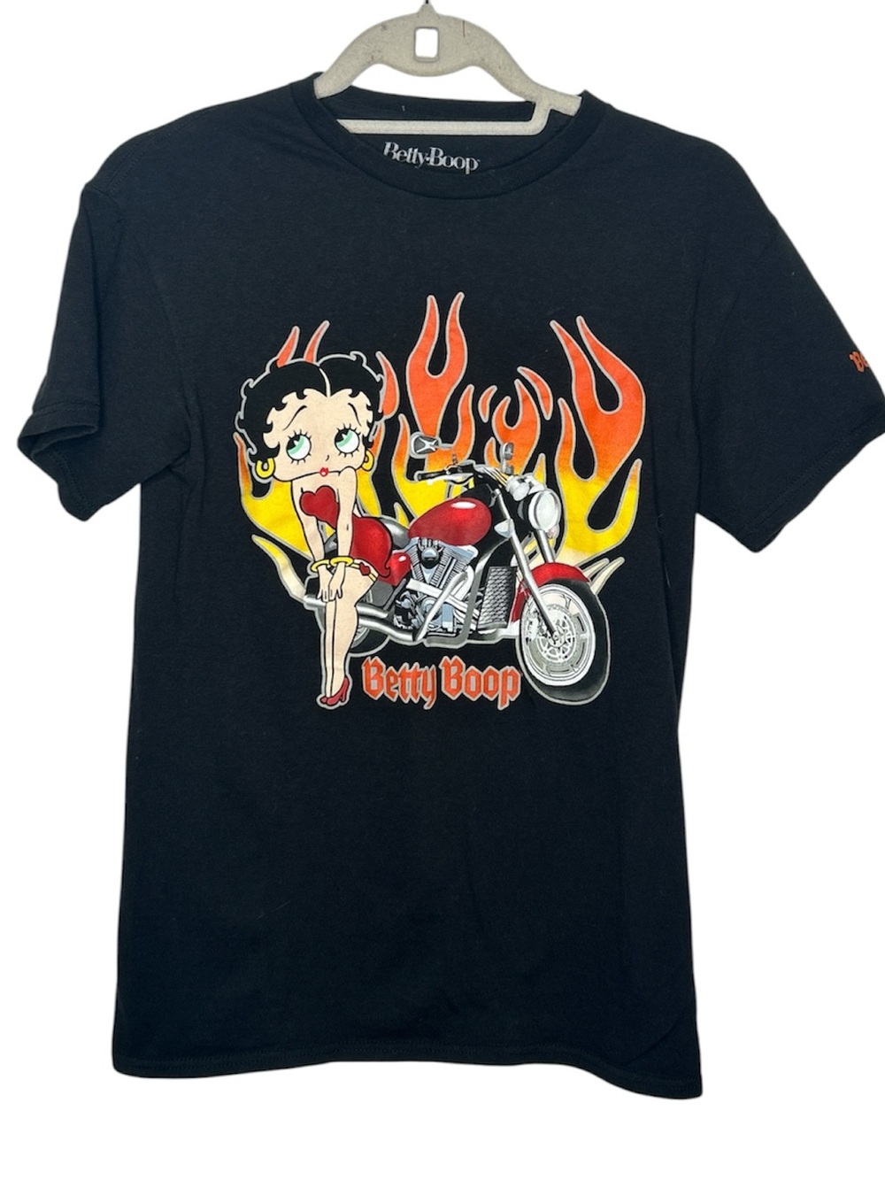 Betty Boop Motorcycle Flames Graphic T-Shirt Black Size Small